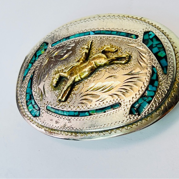 Vintage Native Turquoise Inlay Nickel Silver Bucking Bronco Belt Buckle Western - Picture 2 of 6